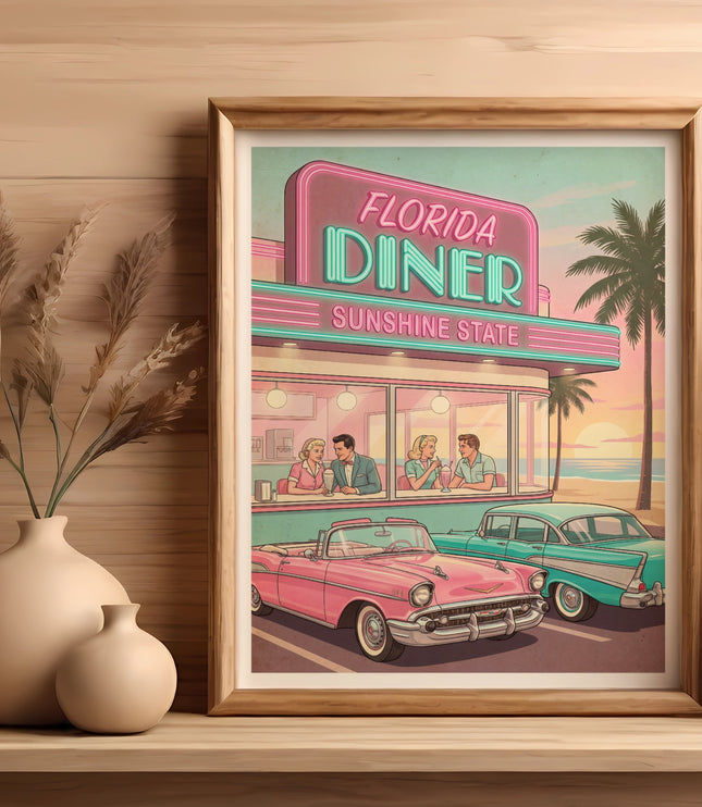 Retro Florida diner with vintage cars and people in neon light.