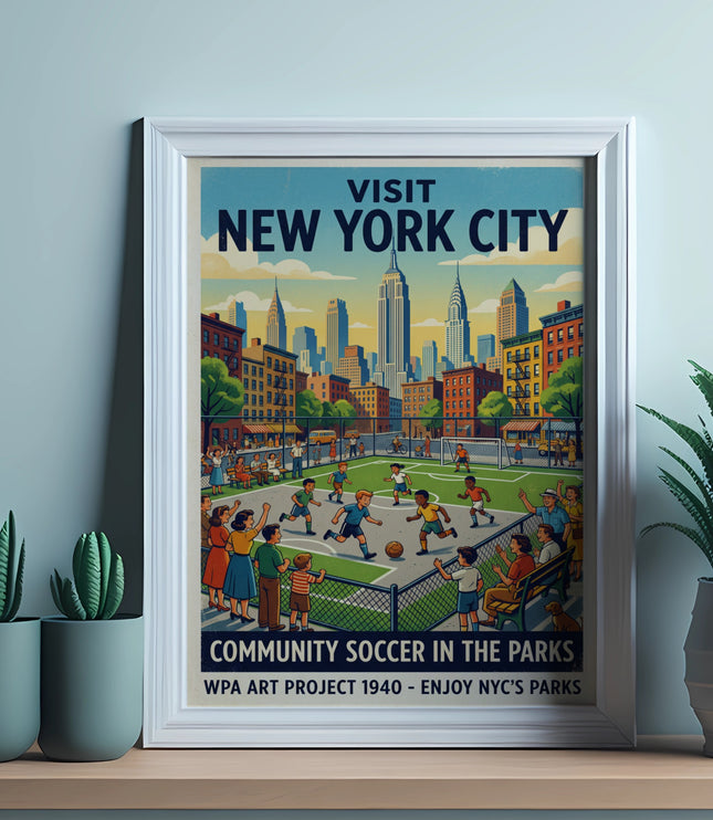 Vintage poster: Visit New York City, Community Soccer in the Parks.