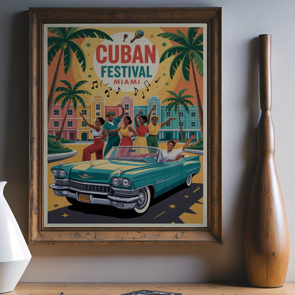Vintage Cuban Festival Miami poster with classic car and people dancing.