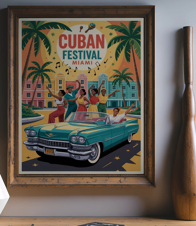 Vintage Cuban Festival Miami poster with classic car and people dancing.