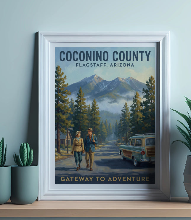 Coconino County Flagstaff, Arizona travel poster with a couple walking past a vintage car.