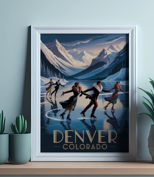 Framed artwork shows people ice skating with mountains in the background and "Denver Colorado" text.