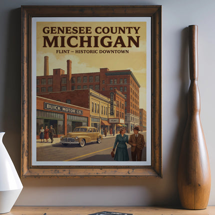 Genesee County Michigan Flint Historic Downtown vintage poster with Buick Motor Co.