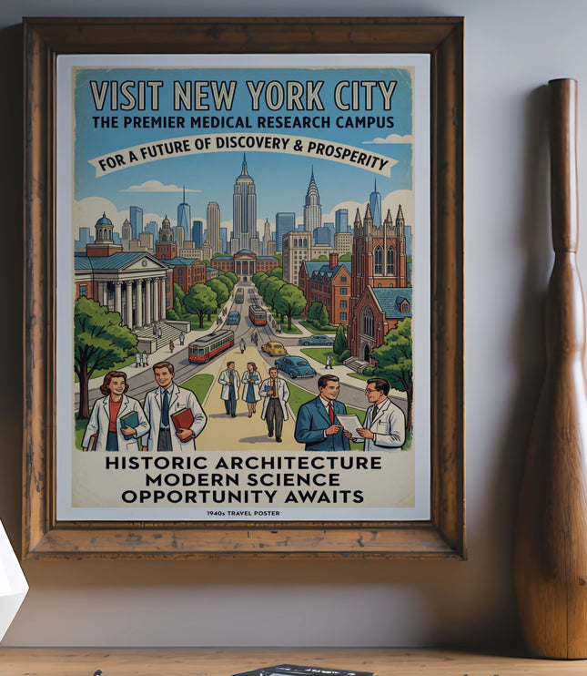 New York City travel poster featuring skyline, buildings, and scientists. Historic architecture, Modern Science, Opportunity Awaits.