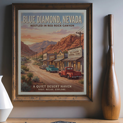 Vintage travel poster for Blue Diamond, Nevada, showing buildings and cars.