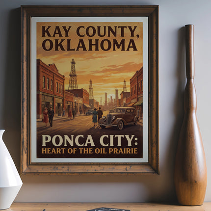 Kay County, Oklahoma "Ponca City: Heart of the Oil Prairie" vintage poster in wooden frame.