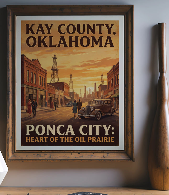 Kay County, Oklahoma "Ponca City: Heart of the Oil Prairie" vintage poster in wooden frame.