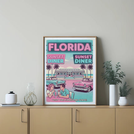 Retro "Sunset Diner" sign with cars and couple, "Florida Visit the Sunshine State" text.