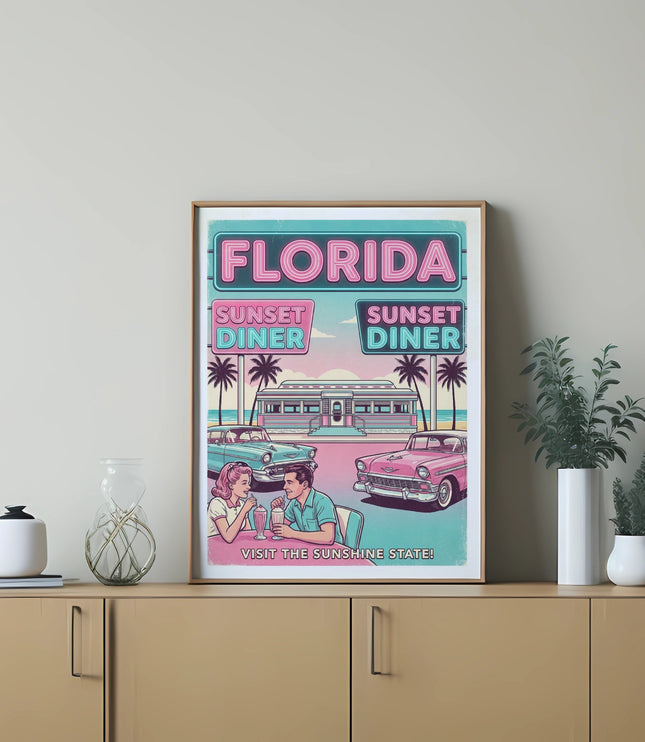 Retro "Sunset Diner" sign with cars and couple, "Florida Visit the Sunshine State" text.