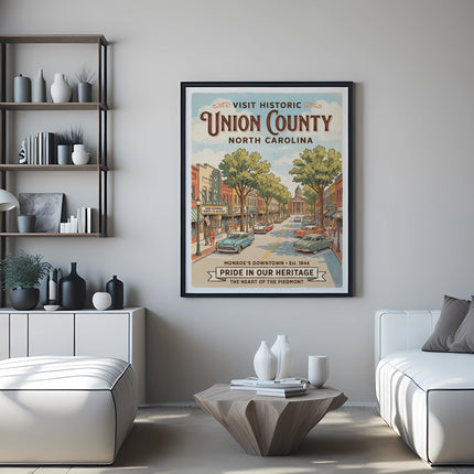 Union County North Carolina vintage travel poster showing a downtown scene.