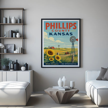 Phillips County Kansas vintage travel poster with sunflowers, windmill, and barn.