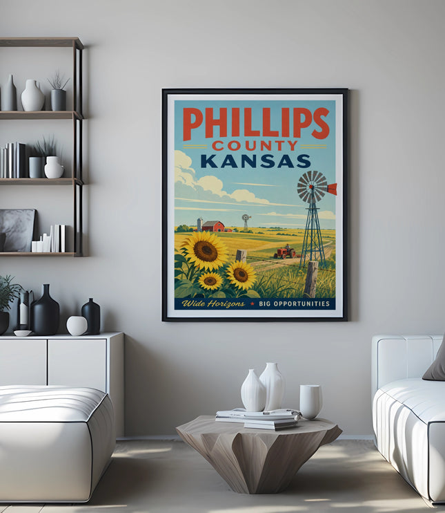Phillips County Kansas vintage travel poster with sunflowers, windmill, and barn.
