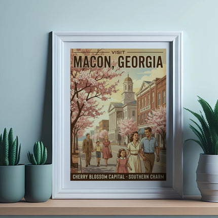 Visit Macon, Georgia Cherry Blossom Capital Southern Charm vintage travel poster.