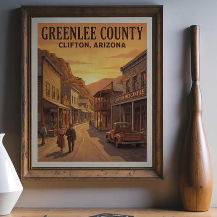 Vintage poster of Greenlee County, Clifton, Arizona with a western town scene at sunset.