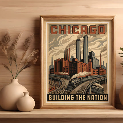 Framed Chicago Building the Nation poster with train and factory illustration.