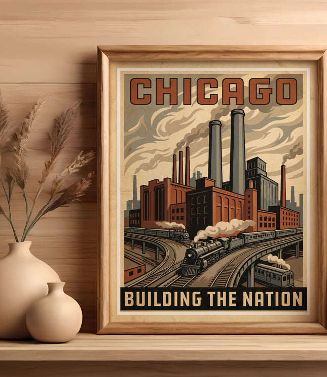 Framed Chicago Building the Nation poster with train and factory illustration.