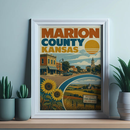 Vintage poster of Marion, Kansas featuring sunflowers and rural landscape.