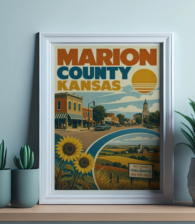 Vintage poster of Marion, Kansas featuring sunflowers and rural landscape.