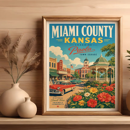 Poster of Miami County, Kansas featuring Paola Town Square with vintage car and flowers.