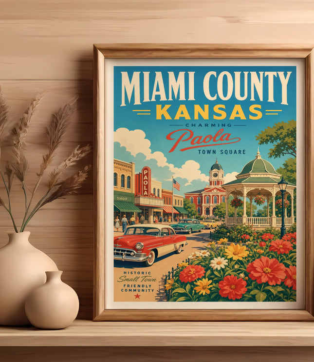 Poster of Miami County, Kansas featuring Paola Town Square with vintage car and flowers.
