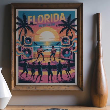 Florida Music Scene poster featuring band on stage with palm trees and sunset.