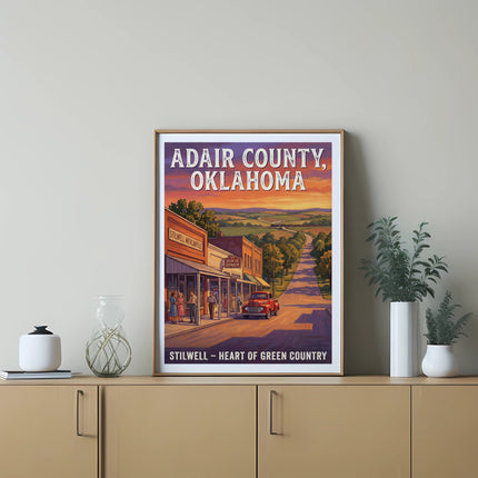 Poster of Adair County, Oklahoma, featuring Stilwell Mercantile and Dixie Diner.
