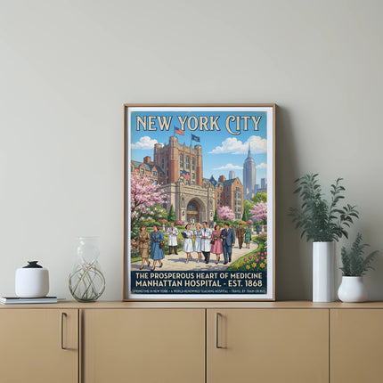 Vintage New York City poster for Manhattan Hospital, EST. 1868.