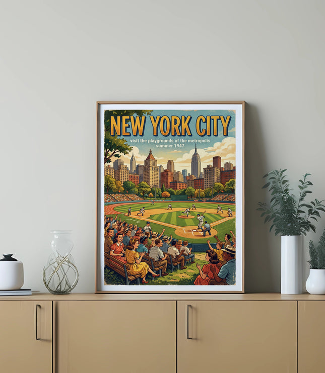 New York City baseball poster from 1947, with skyline and crowd.