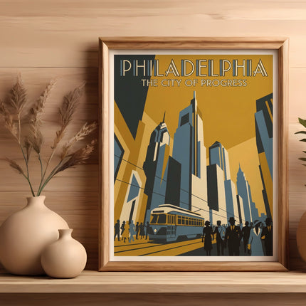 Framed poster of Philadelphia skyline with trolley and buildings, "Philadelphia The City of Progress".