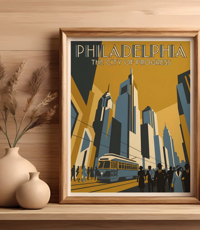 Framed poster of Philadelphia skyline with trolley and buildings, "Philadelphia The City of Progress".