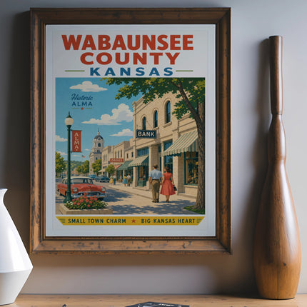 Wabaunsee County, Kansas poster with "Historic Alma" and "Bank" building.