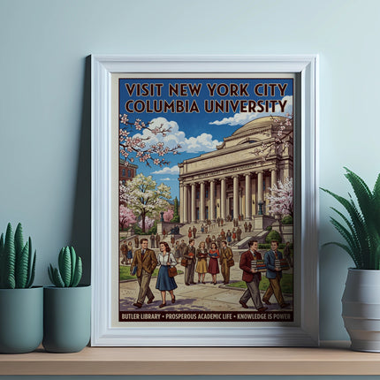 Vintage poster for Columbia University, featuring Butler Library and iconic NYC imagery.