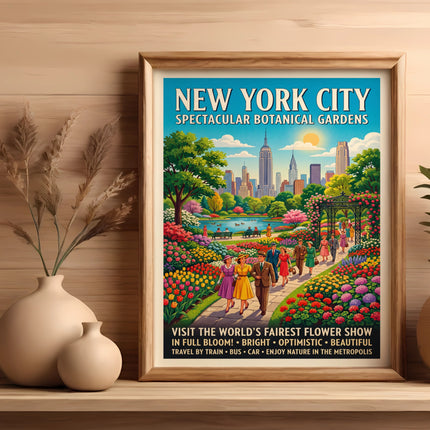 New York City Botanical Gardens poster with people in a vibrant flower show.