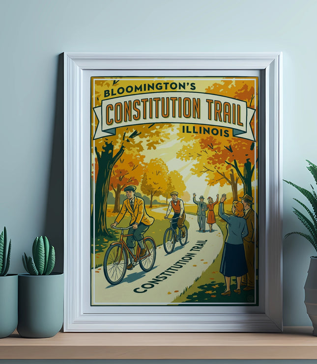 Bloomington's Constitution Trail Illinois poster with people cycling and waving.