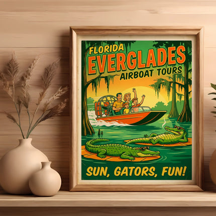 Florida Everglades Airboat Tours poster with people and alligators.
