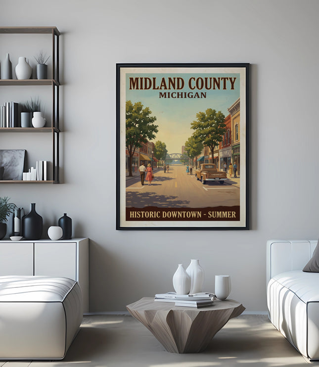 Midland County Michigan historic downtown summer poster art.