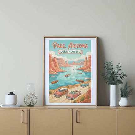 Poster art of Page, Arizona and Lake Powell with boats and vintage cars.