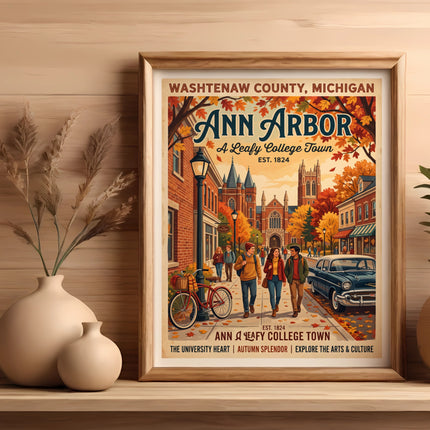 Vintage Ann Arbor poster depicting college students, a classic car, and autumn leaves.
