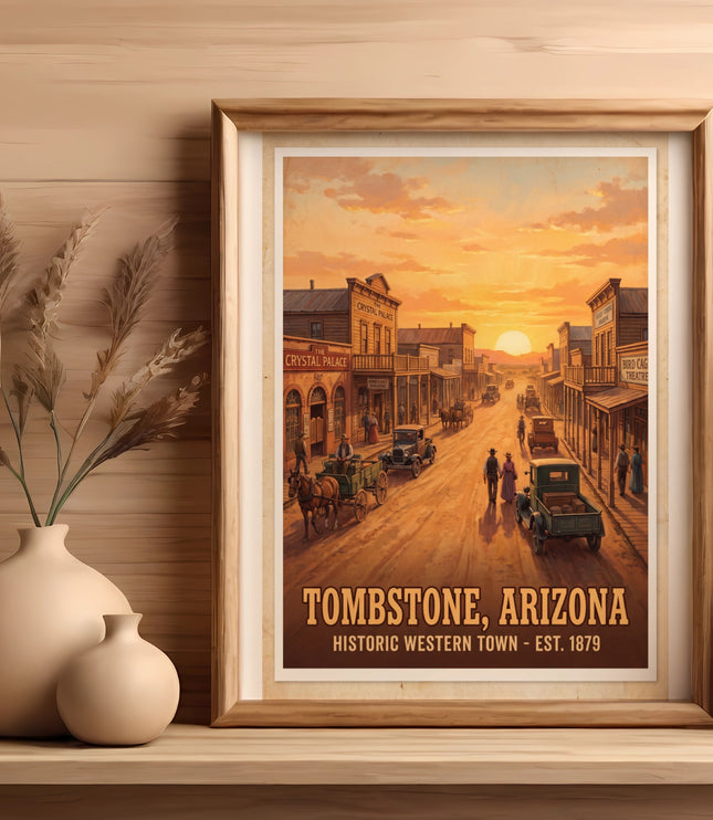 Tombstone, Arizona historic western town poster with sunset street scene.
