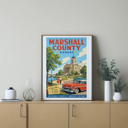 Retro poster of Marshall County, Kansas, featuring a classic car and courthouse.
