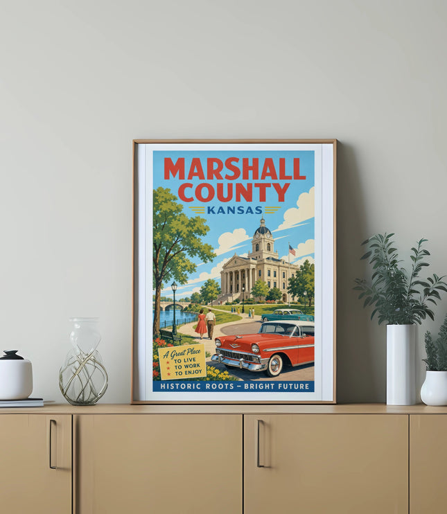 Retro poster of Marshall County, Kansas, featuring a classic car and courthouse.