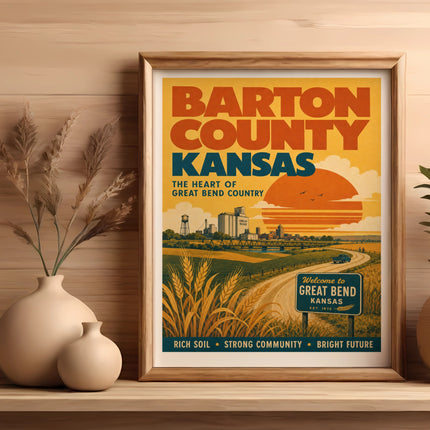 Barton County Kansas poster with wheat field, farm, and text "The Heart of Great Bend Country".