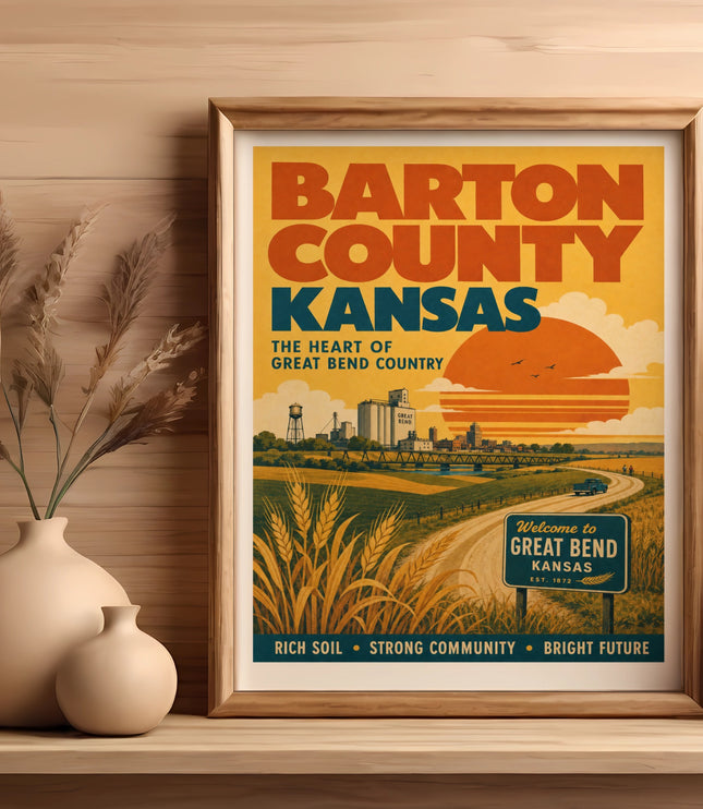 Barton County Kansas poster with wheat field, farm, and text "The Heart of Great Bend Country".