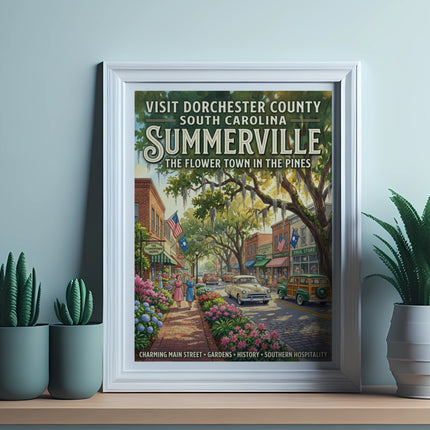 Summerville, South Carolina vintage travel poster showing a charming flower-lined street.