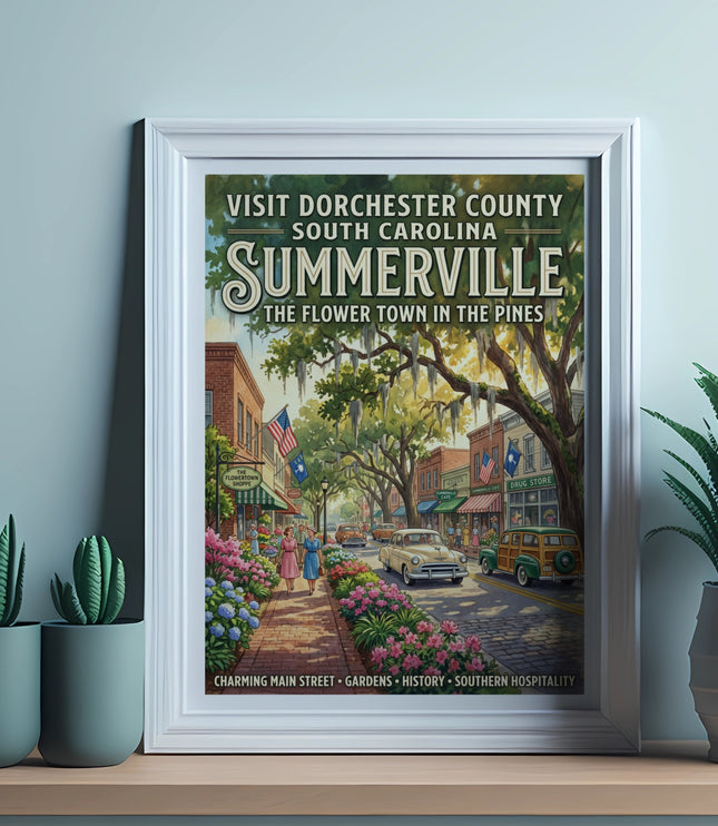 Summerville, South Carolina vintage travel poster showing a charming flower-lined street.
