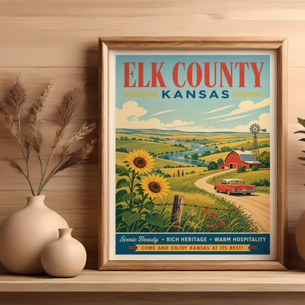 Elk County Kansas vintage travel poster with farm scene and sunflowers.