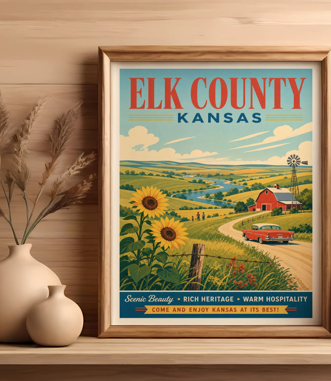 Elk County Kansas vintage travel poster with farm scene and sunflowers.