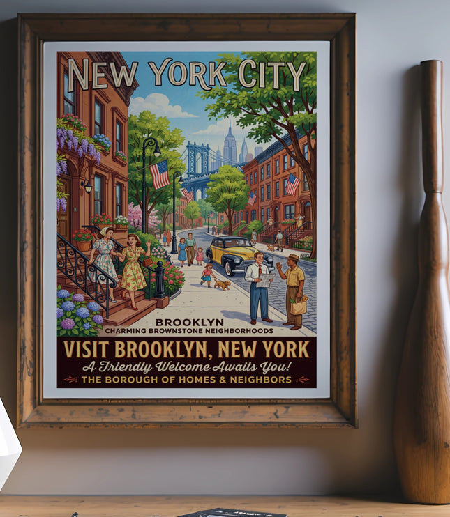 Vintage New York City art featuring Brooklyn brownstones, people, and the Manhattan Bridge.