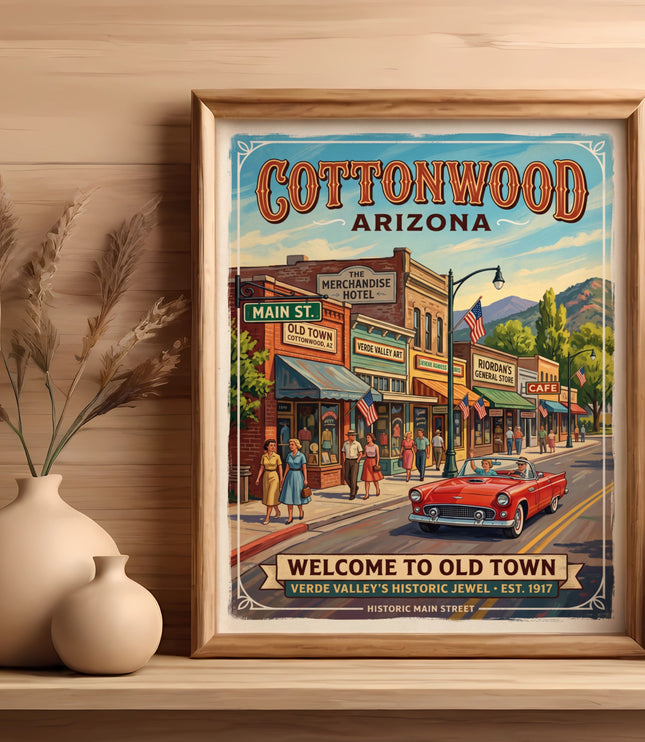 Cottonwood, Arizona vintage travel poster with Main Street scene and red convertible.