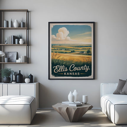Vintage Ellis County, Kansas travel poster with wheat fields and clouds.